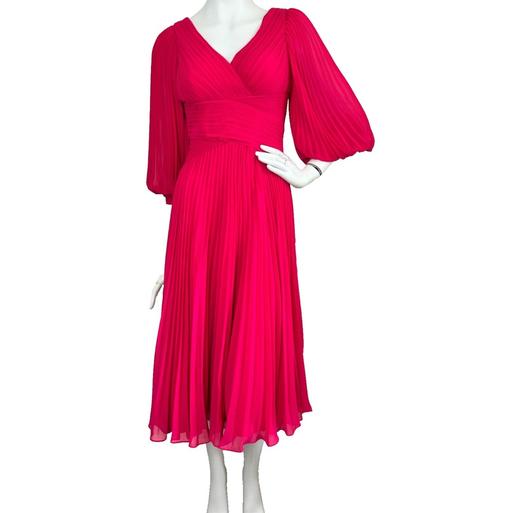 Teri Jon Rickie Freeman Wedding Dress Size 2 Fuchsia Pink Chiffon Pleated V Neck